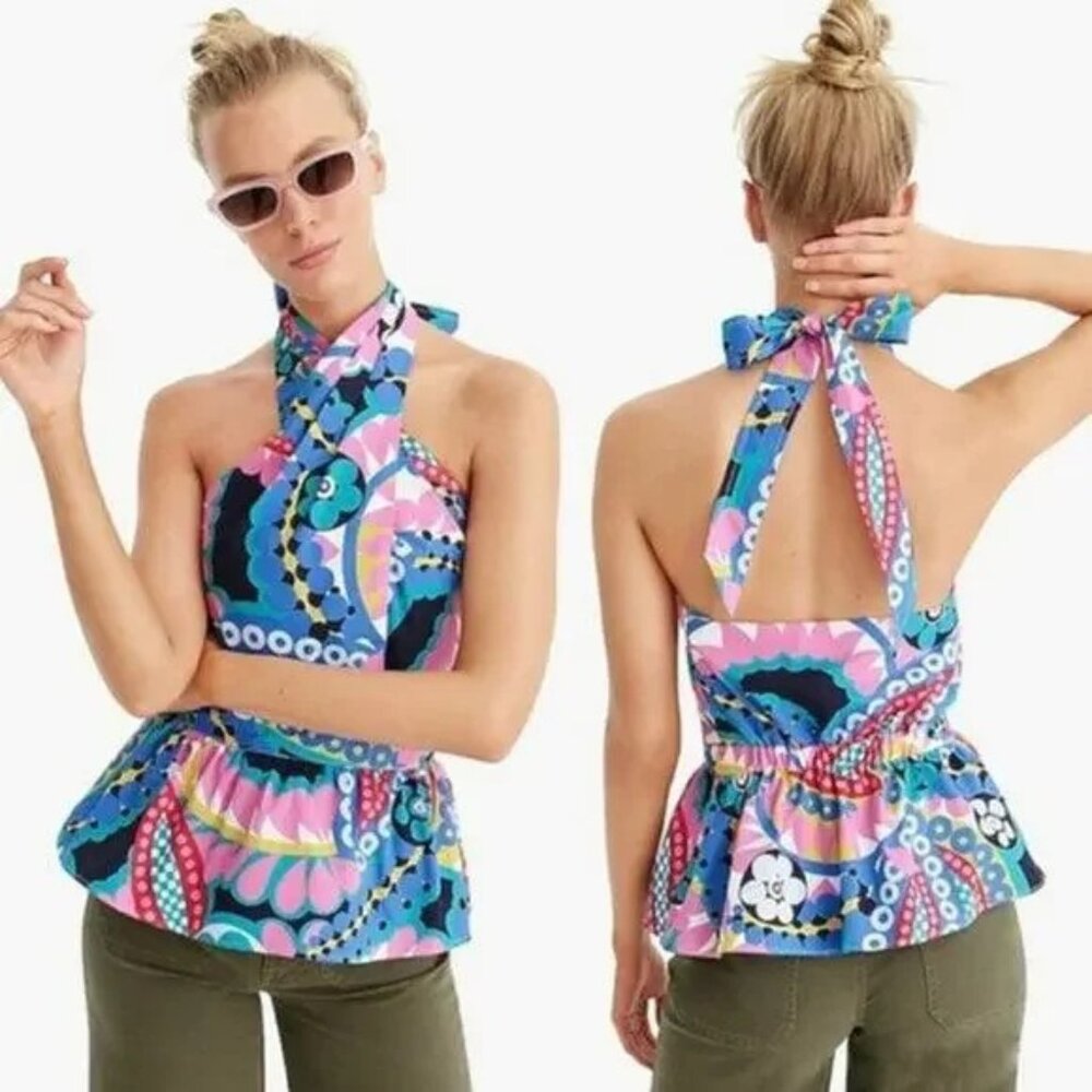 J. Crew Ratti Kaleidoscope Peplum Cotton Poplin Halter Top Womens Large NWT